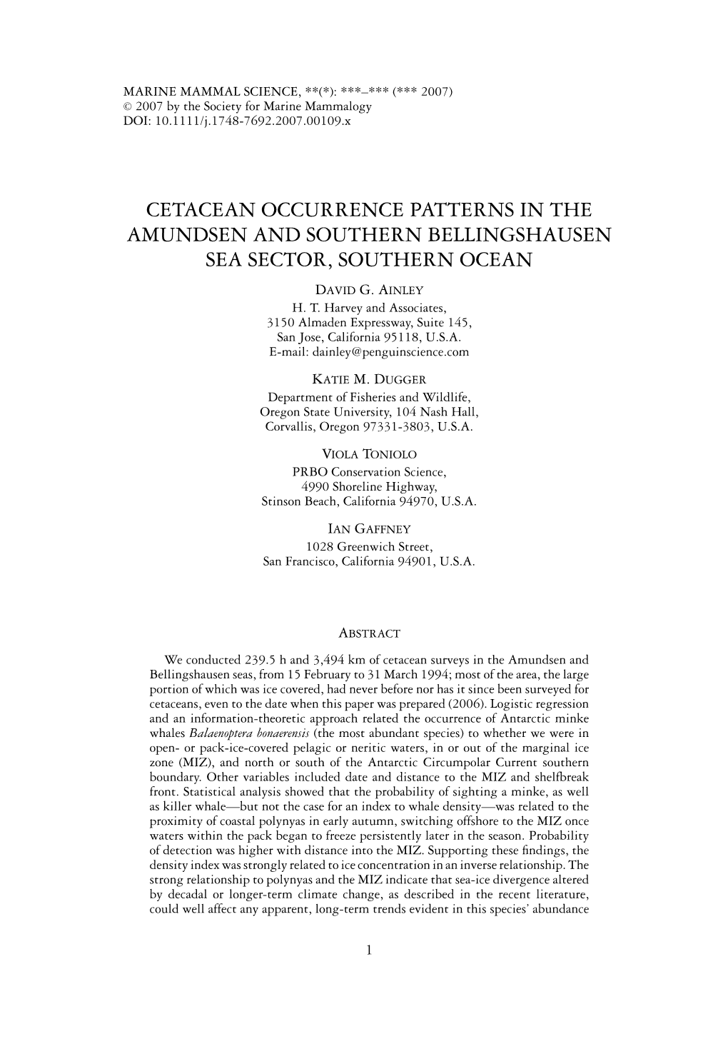 Cetacean Occurrence Patterns in the Amundsen and Southern Bellingshausen Sea Sector, Southern Ocean