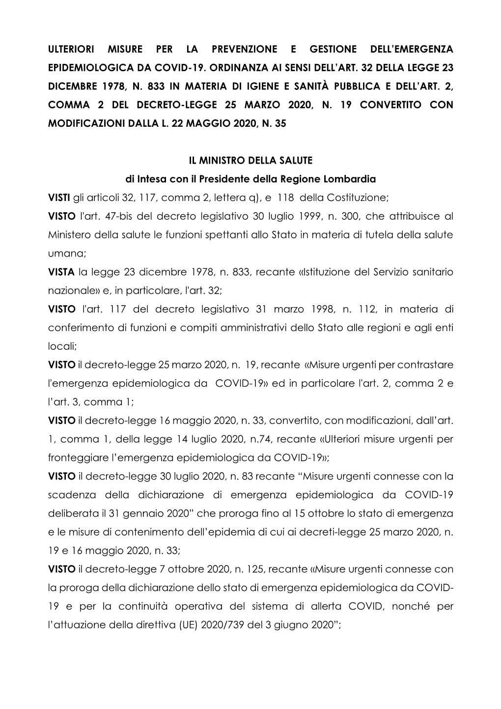 Ordinanza Ministero Della Salute E Regione Lombardia 21 Ottobre