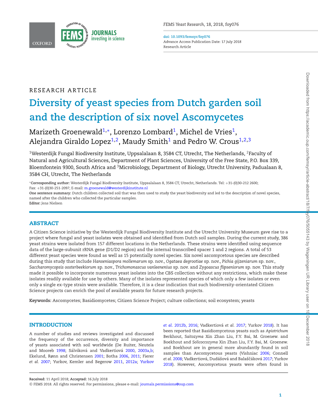 Diversity of Yeast Species from Dutch Garden Soil and the Description Of