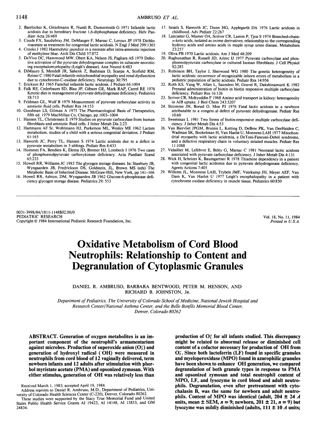 Oxidative Metabolism of Cord Blood Neutrophils: Relationship to Content and Degranulation of Cytoplasmic Granules