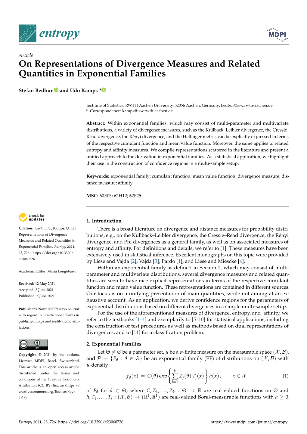 On Representations of Divergence Measures and Related Quantities in Exponential Families