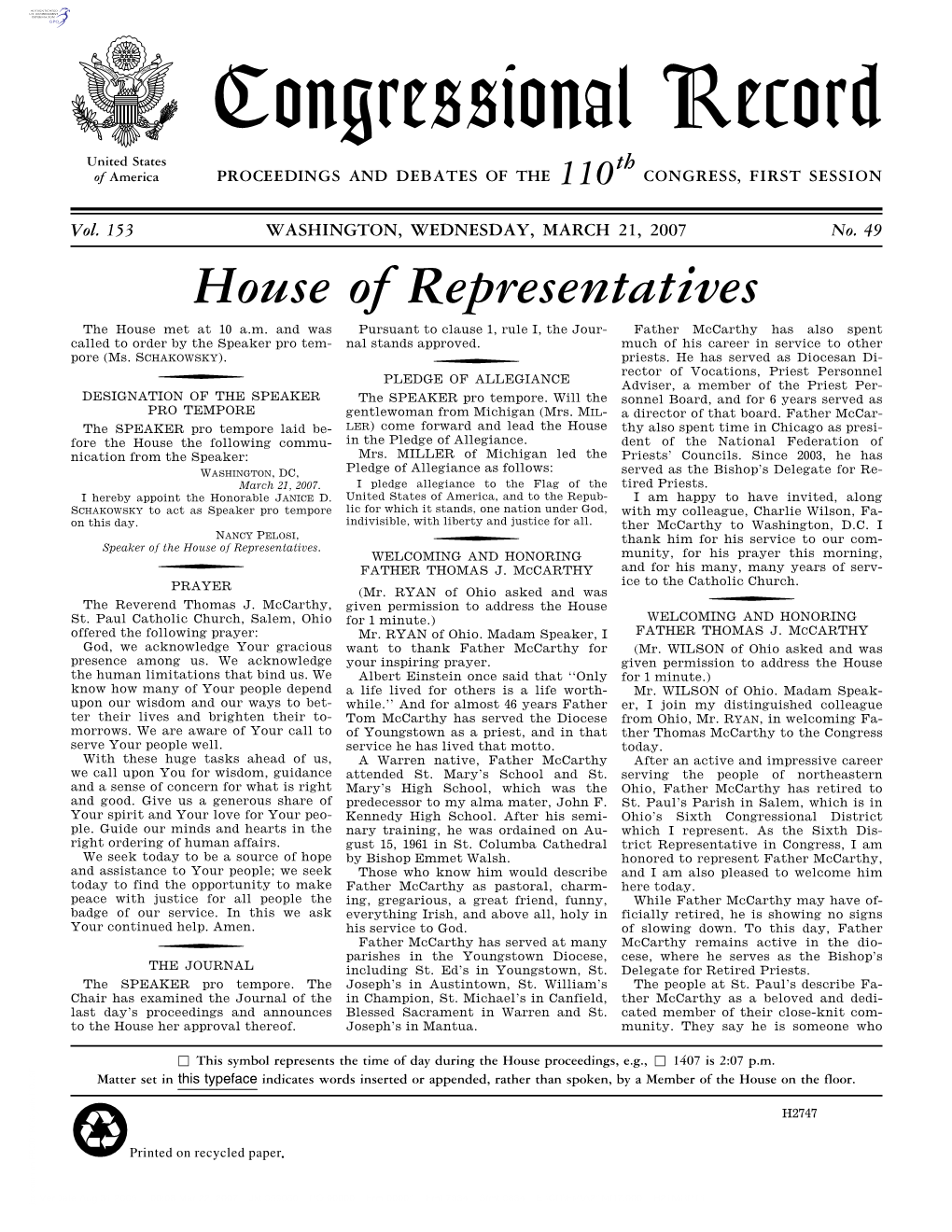 Congressional Record United States Th of America PROCEEDINGS and DEBATES of the 110 CONGRESS, FIRST SESSION