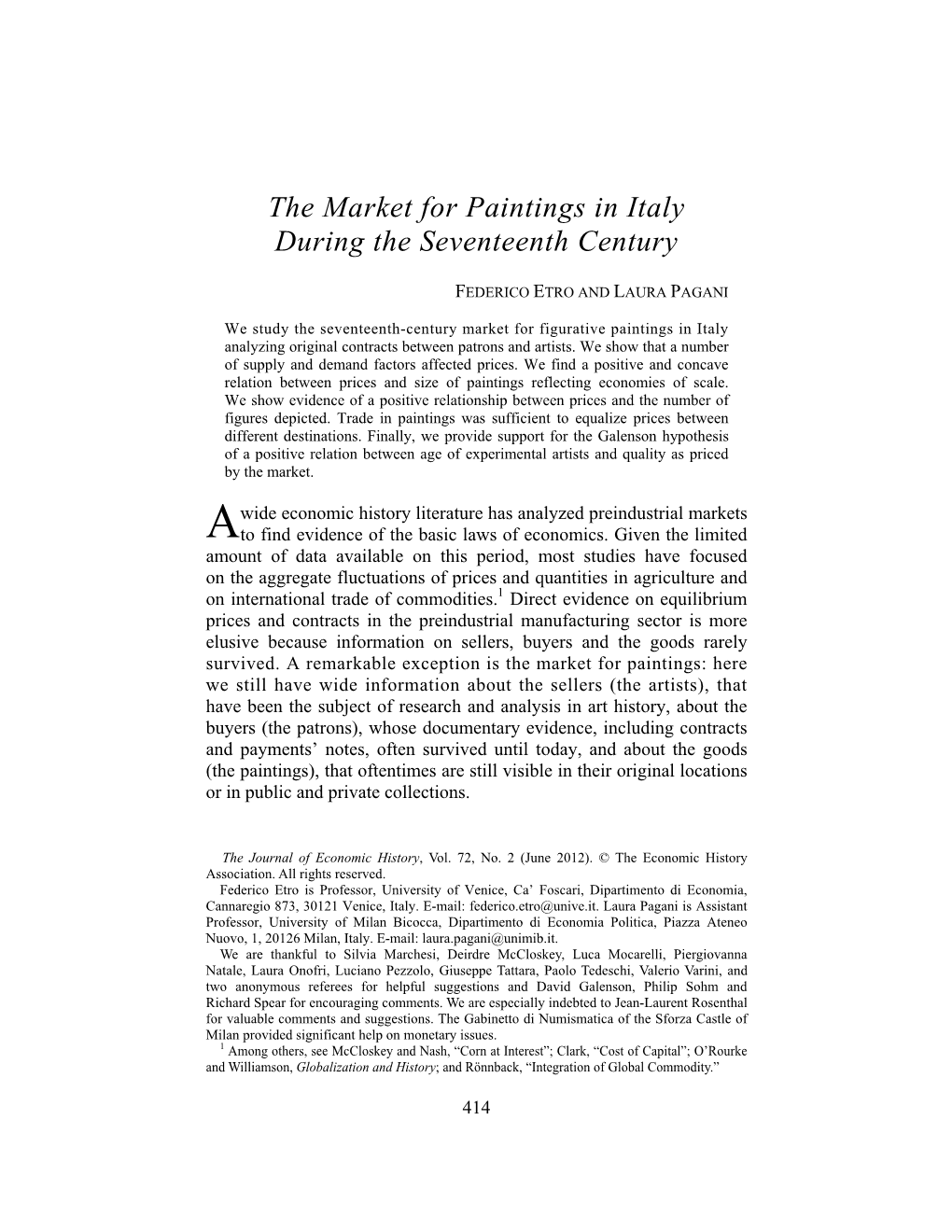 The Market for Paintings in Italy During the Seventeenth Century  FEDERICO ETRO and LAURA PAGANI