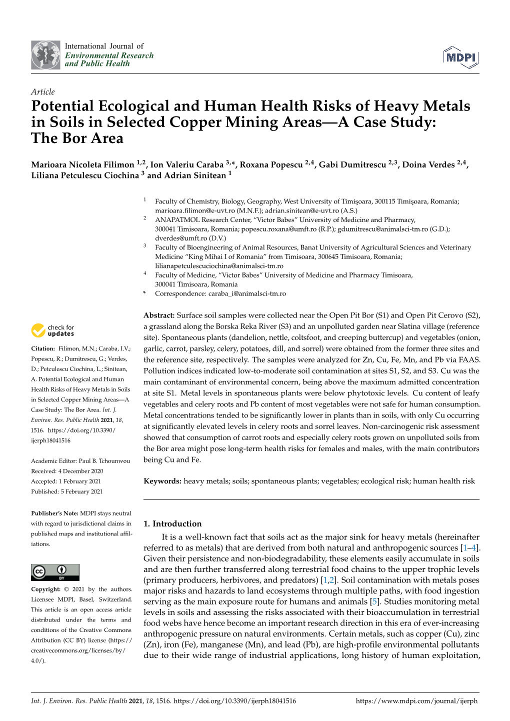 Potential Ecological and Human Health Risks of Heavy Metals in Soils in Selected Copper Mining Areas—A Case Study: the Bor Area