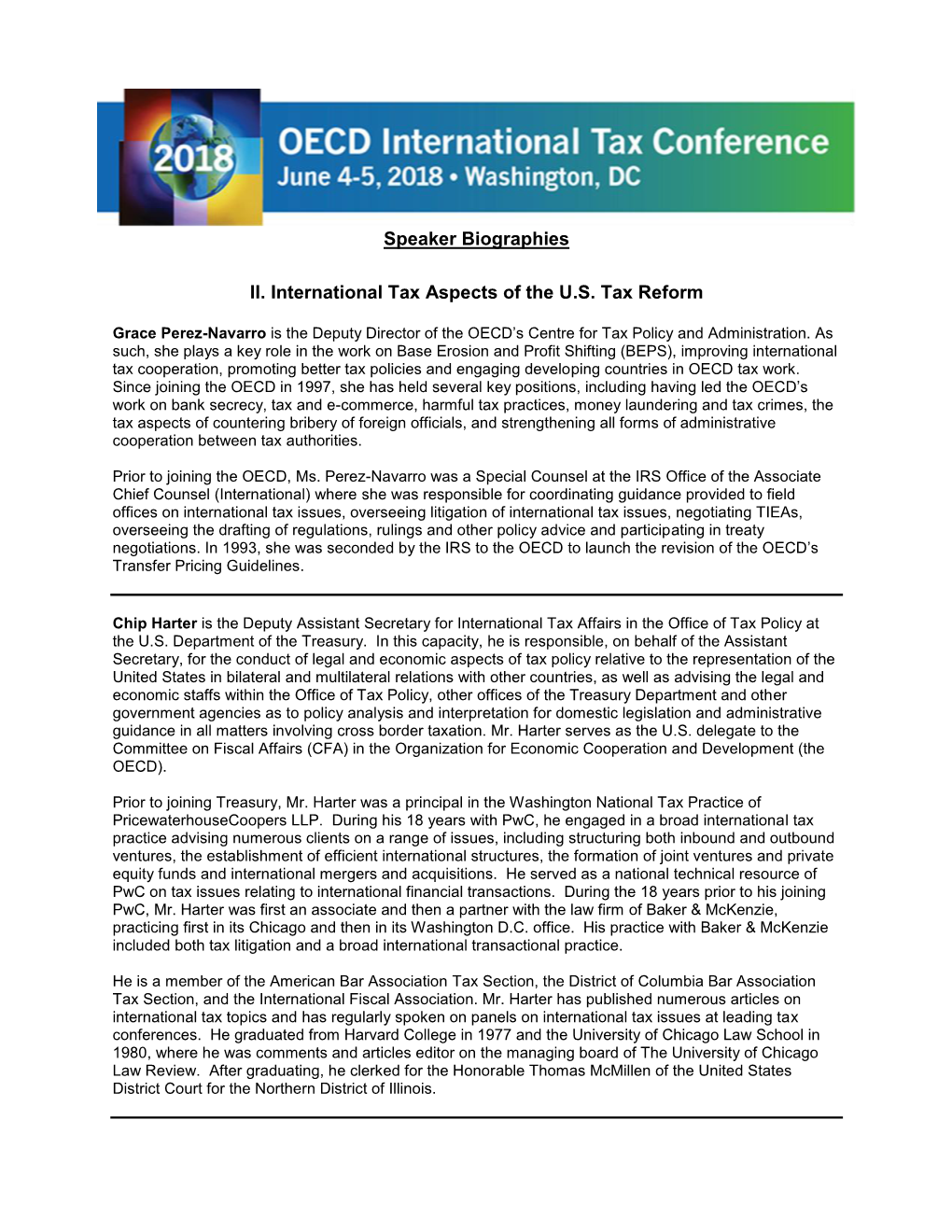 Speaker Biographies II. International Tax Aspects of the U.S. Tax Reform