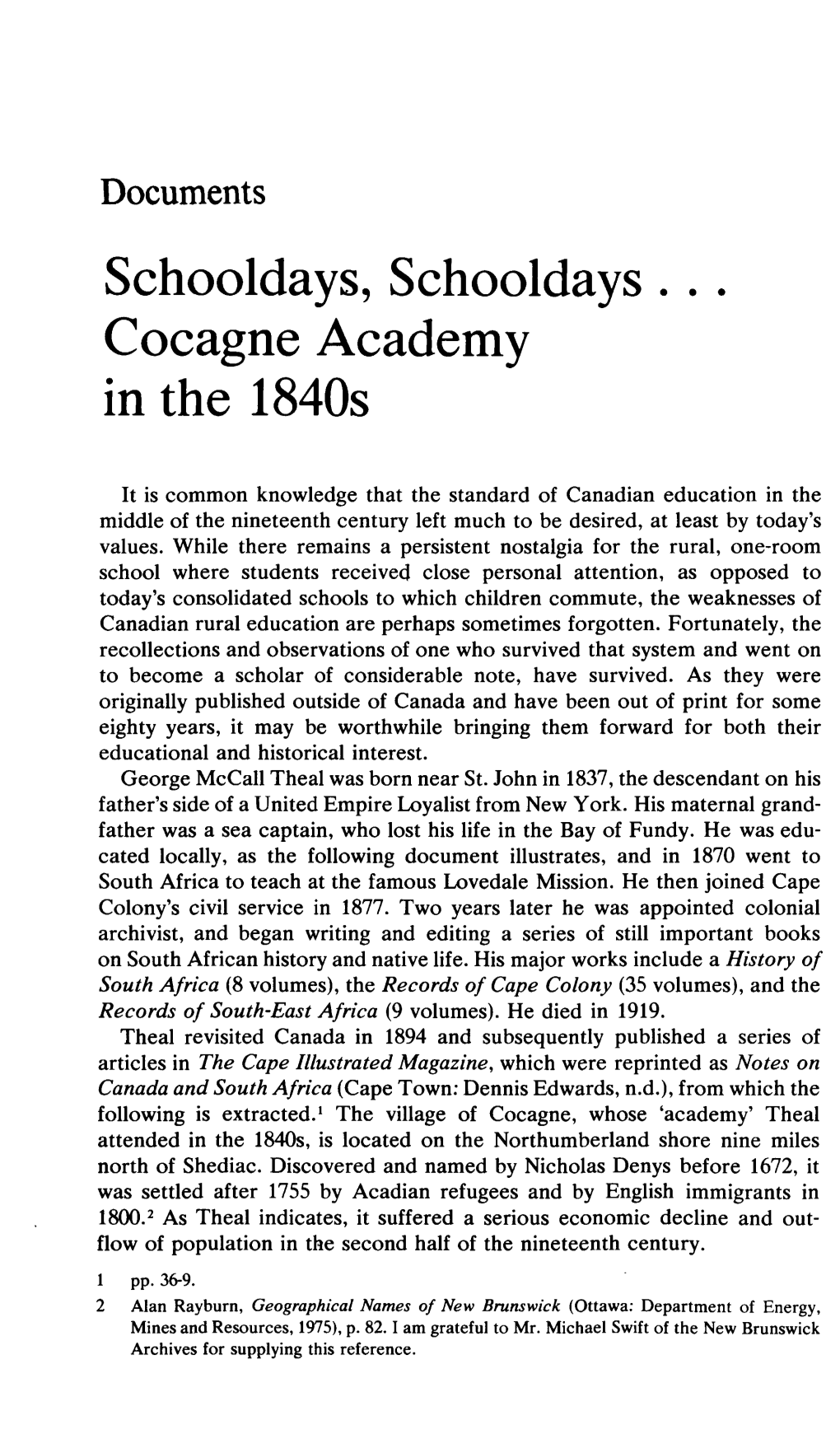 Schooldays, Schooldays . . . Cocagne Academy in the 1840S