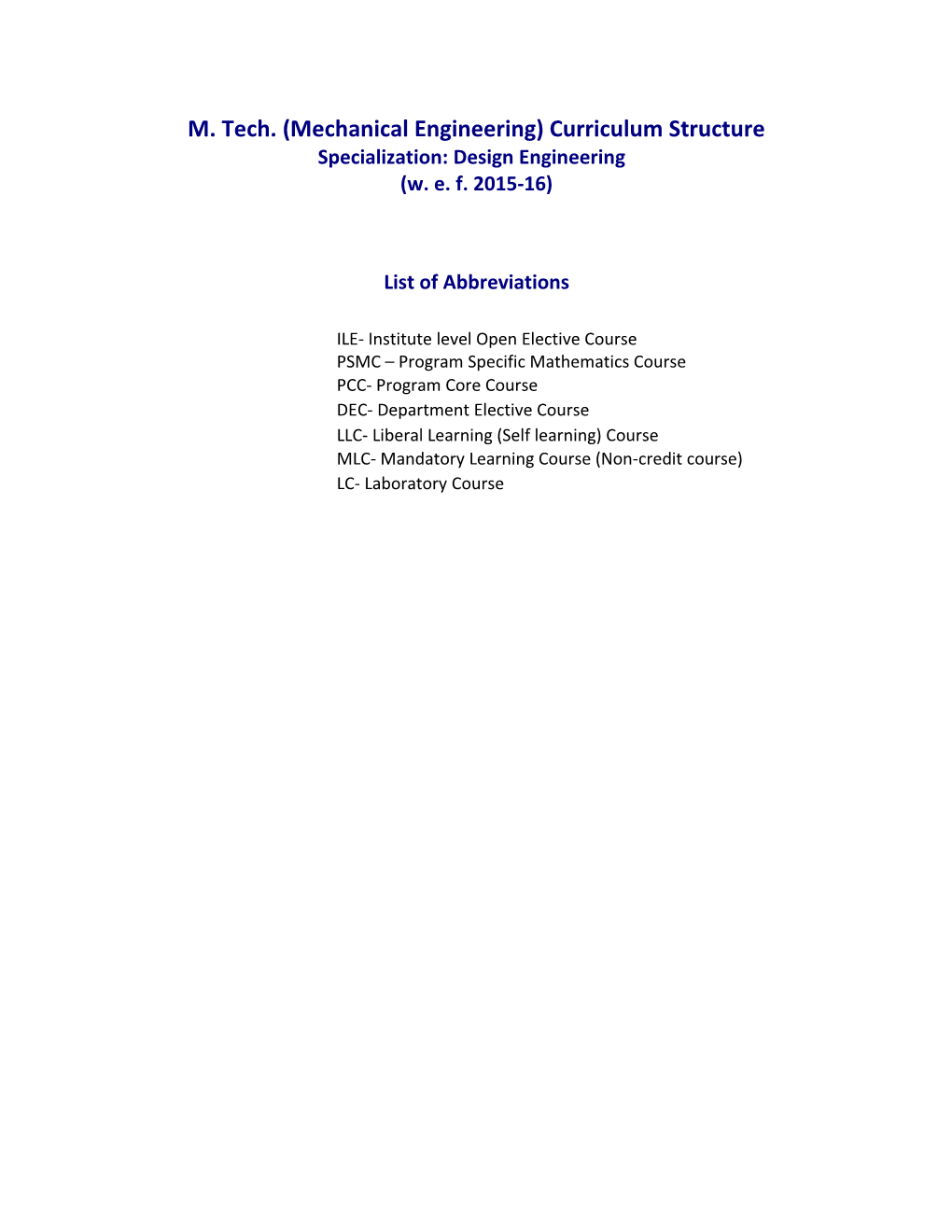 M. Tech. (Mechanical Engineering) Curriculum Structure