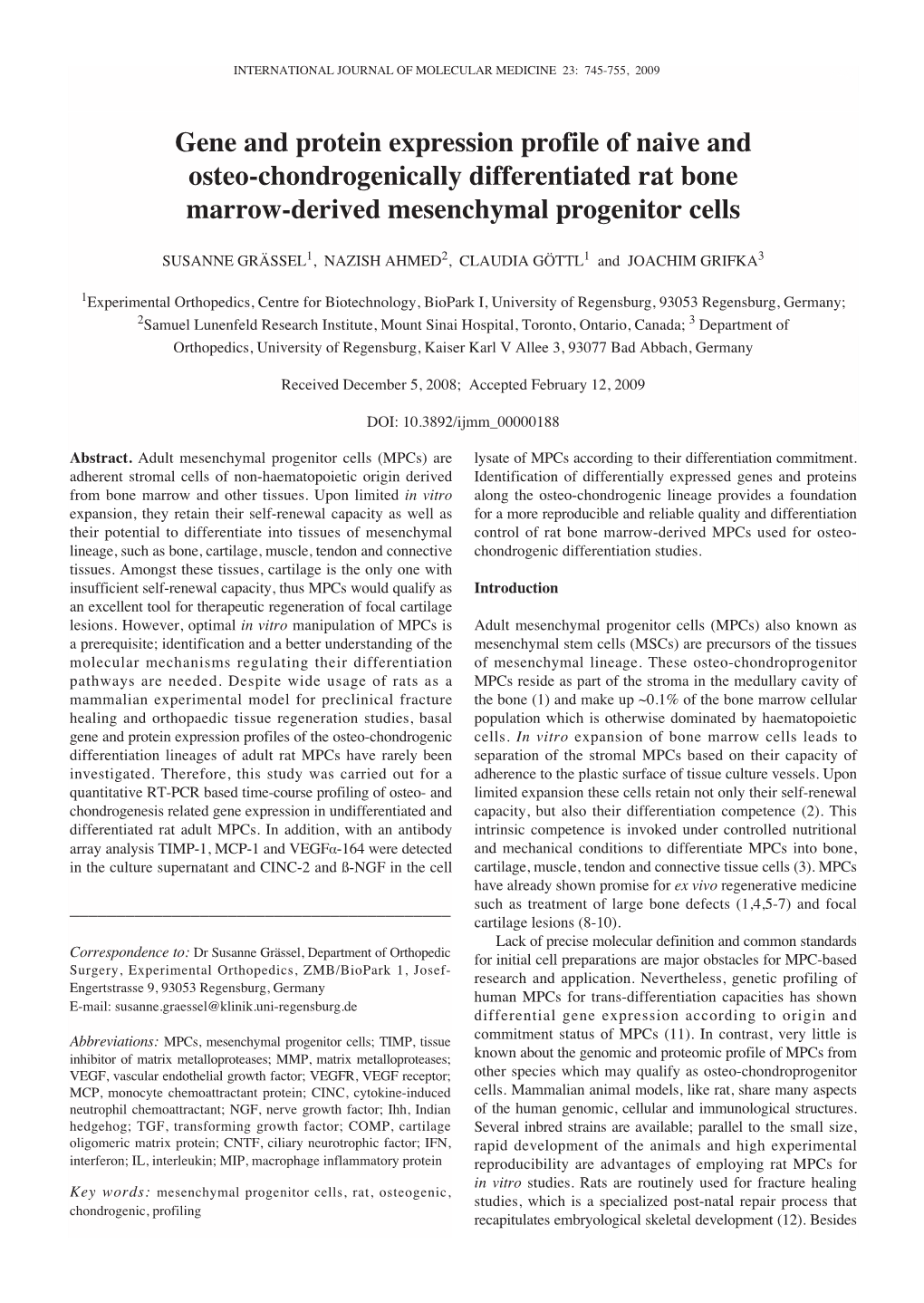 Gene and Protein Expression Profile of Naive and Osteo-Chondrogenically Differentiated Rat Bone Marrow-Derived Mesenchymal Progenitor Cells