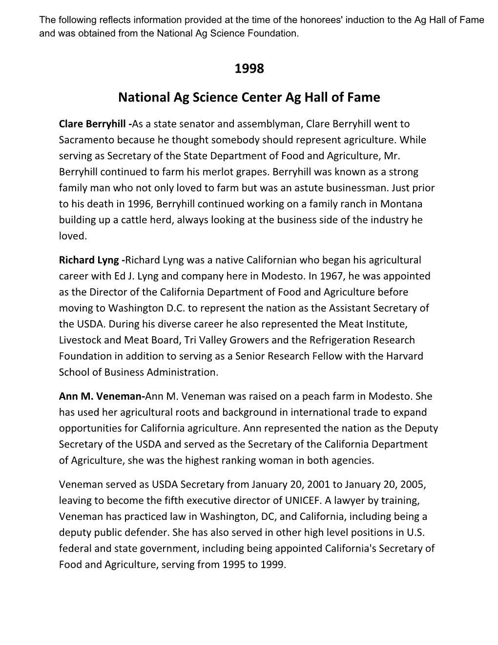 1998 National Ag Science Center Ag Hall of Fame