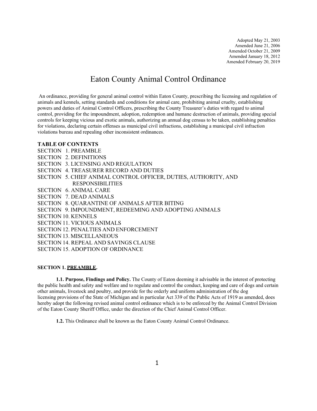 Eaton County Animal Control Ordinance