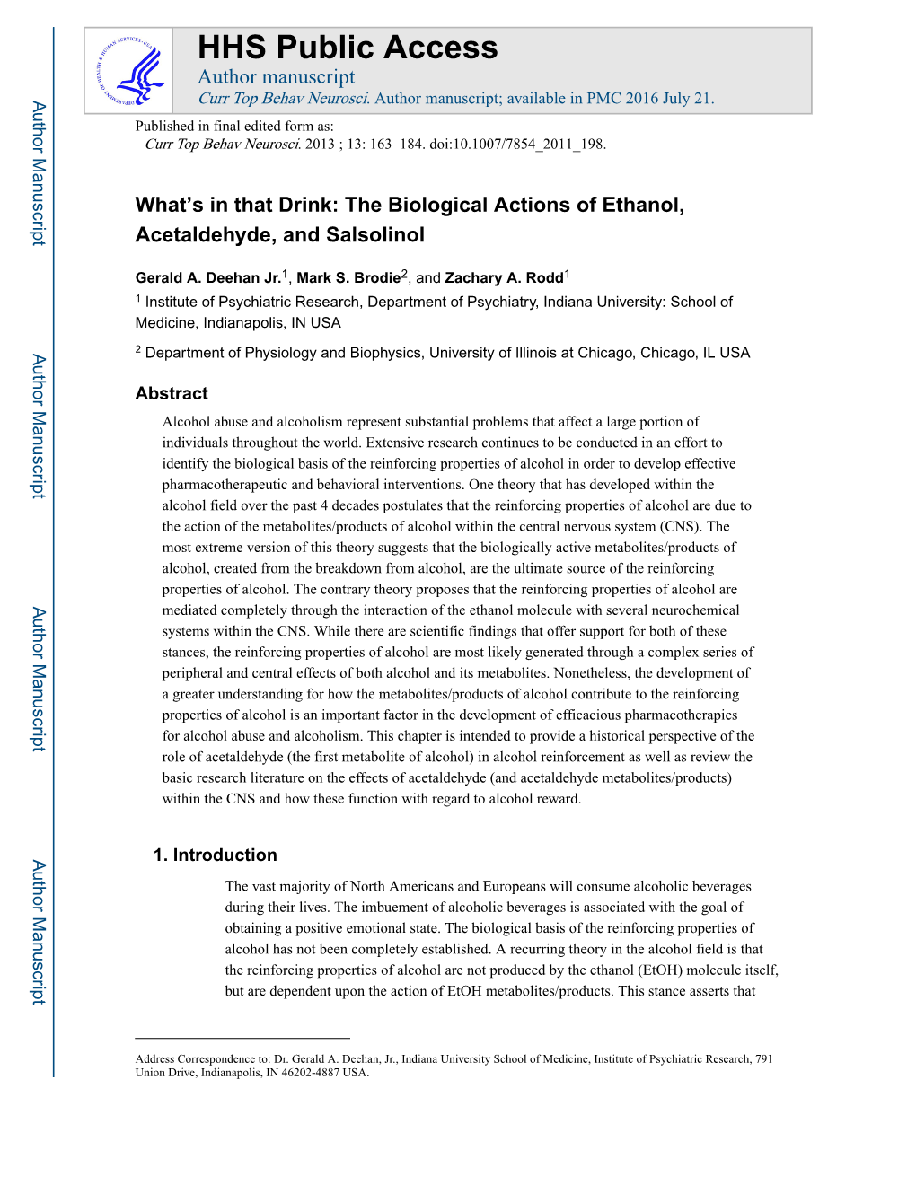 The Biological Actions of Ethanol, Acetaldehyde, and Salsolinol