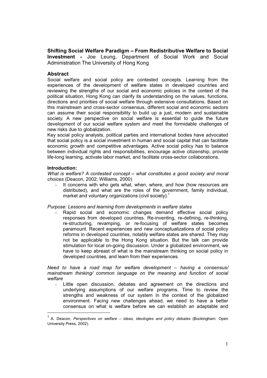 From Redistributive Welfare to Social Investment - Joe Leung, Department of Social Work and Social Administration the University of Hong Kong