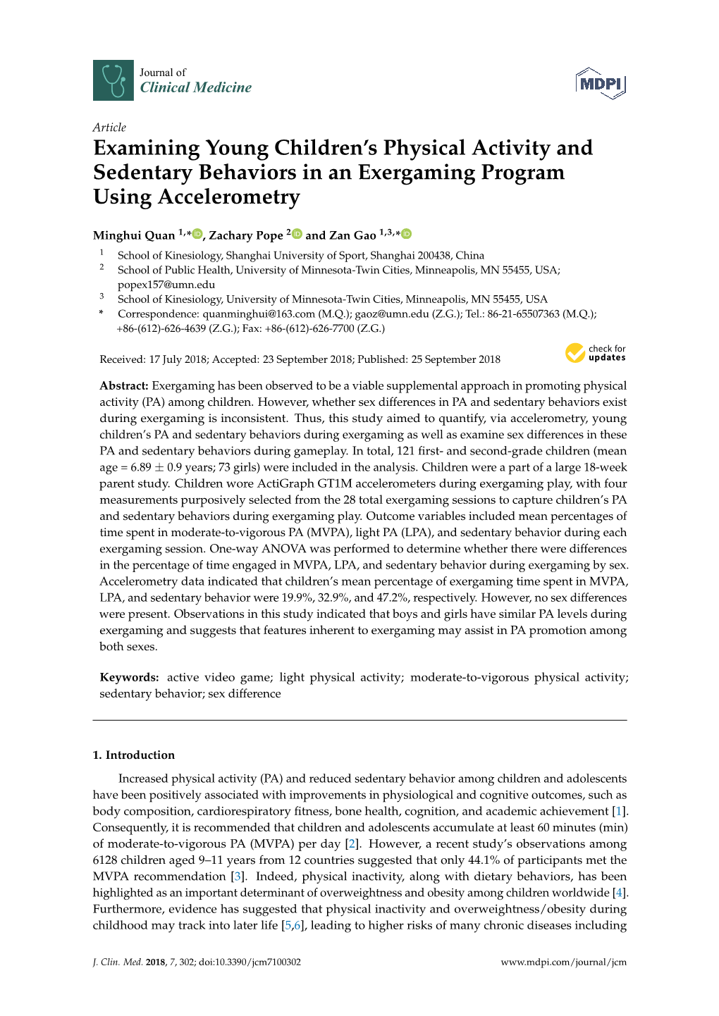 Examining Young Children's Physical Activity and Sedentary Behaviors in an Exergaming Program Using Accelerometry