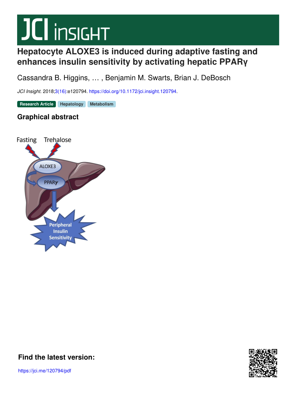 Hepatocyte ALOXE3 Is Induced During Adaptive Fasting and Enhances Insulin Sensitivity by Activating Hepatic Pparγ