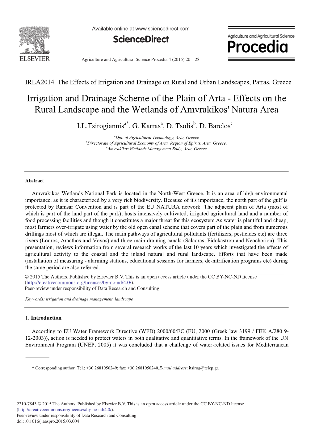 Irrigation and Drainage Scheme of the Plain of Arta – Effects on the Rural