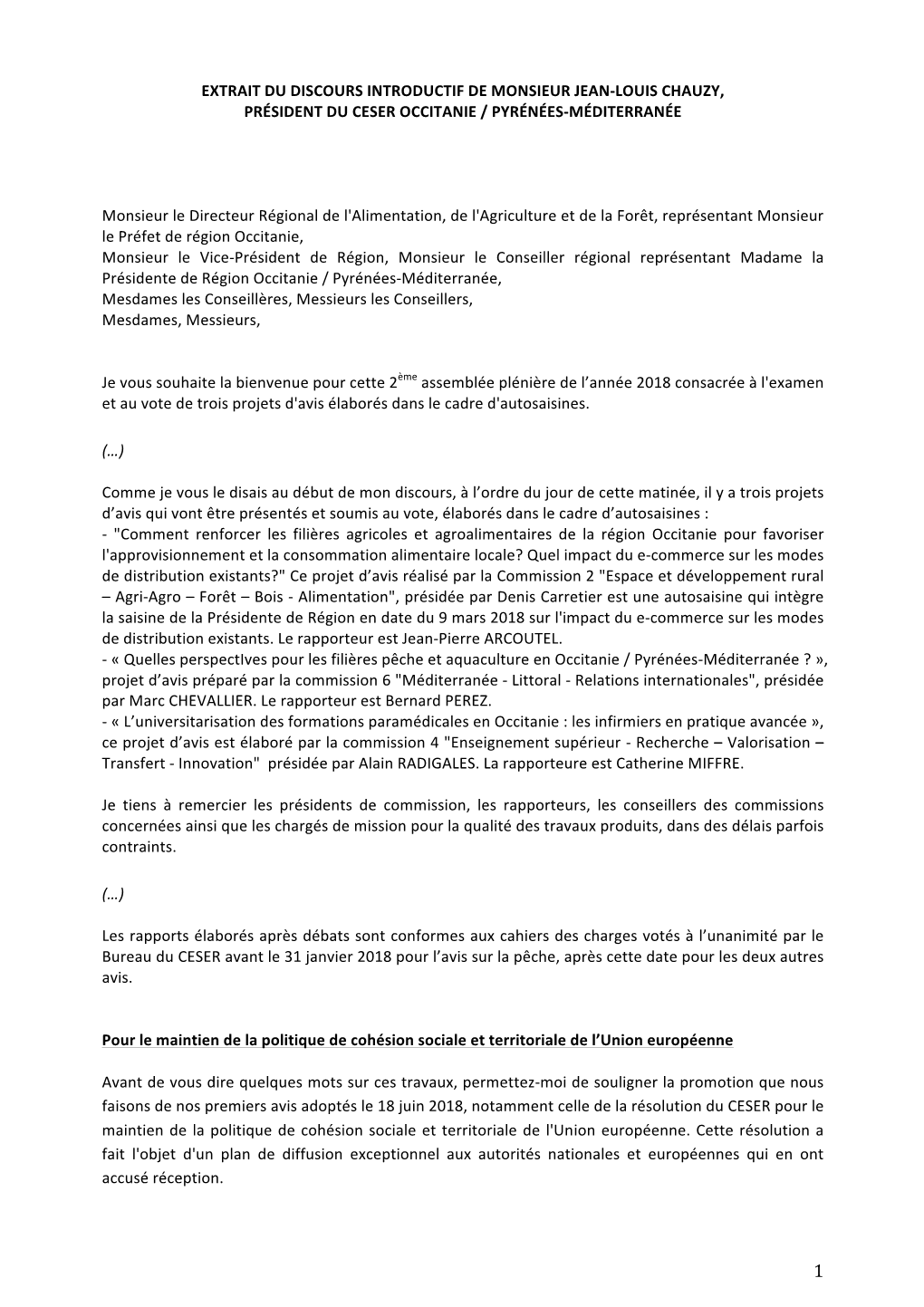 Extrait Du Discours Introductif De Monsieur Jean-Louis Chauzy, Président Du Ceser Occitanie / Pyrénées-Méditerranée