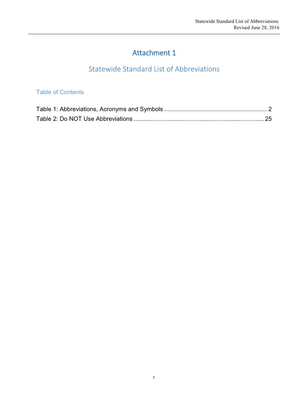 Attachment 1 Statewide Standard List of Abbreviations