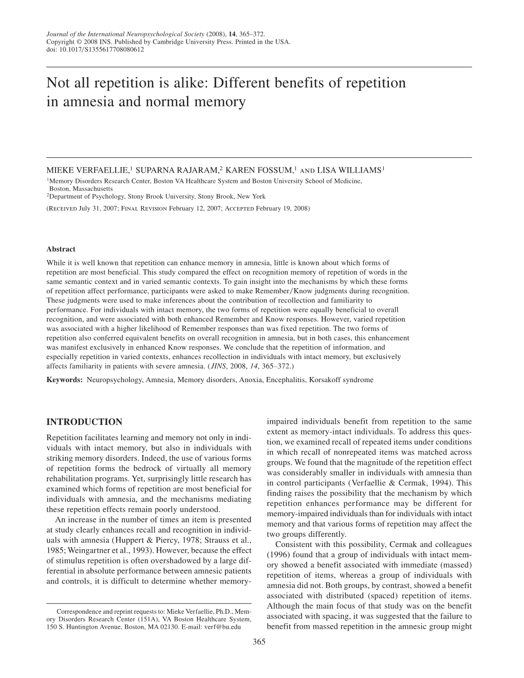 Different Benefits of Repetition in Amnesia and Normal Memory