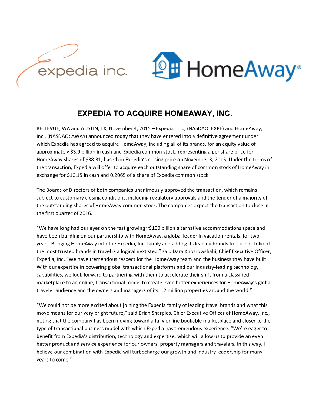 Expedia to Acquire Homeaway, Inc