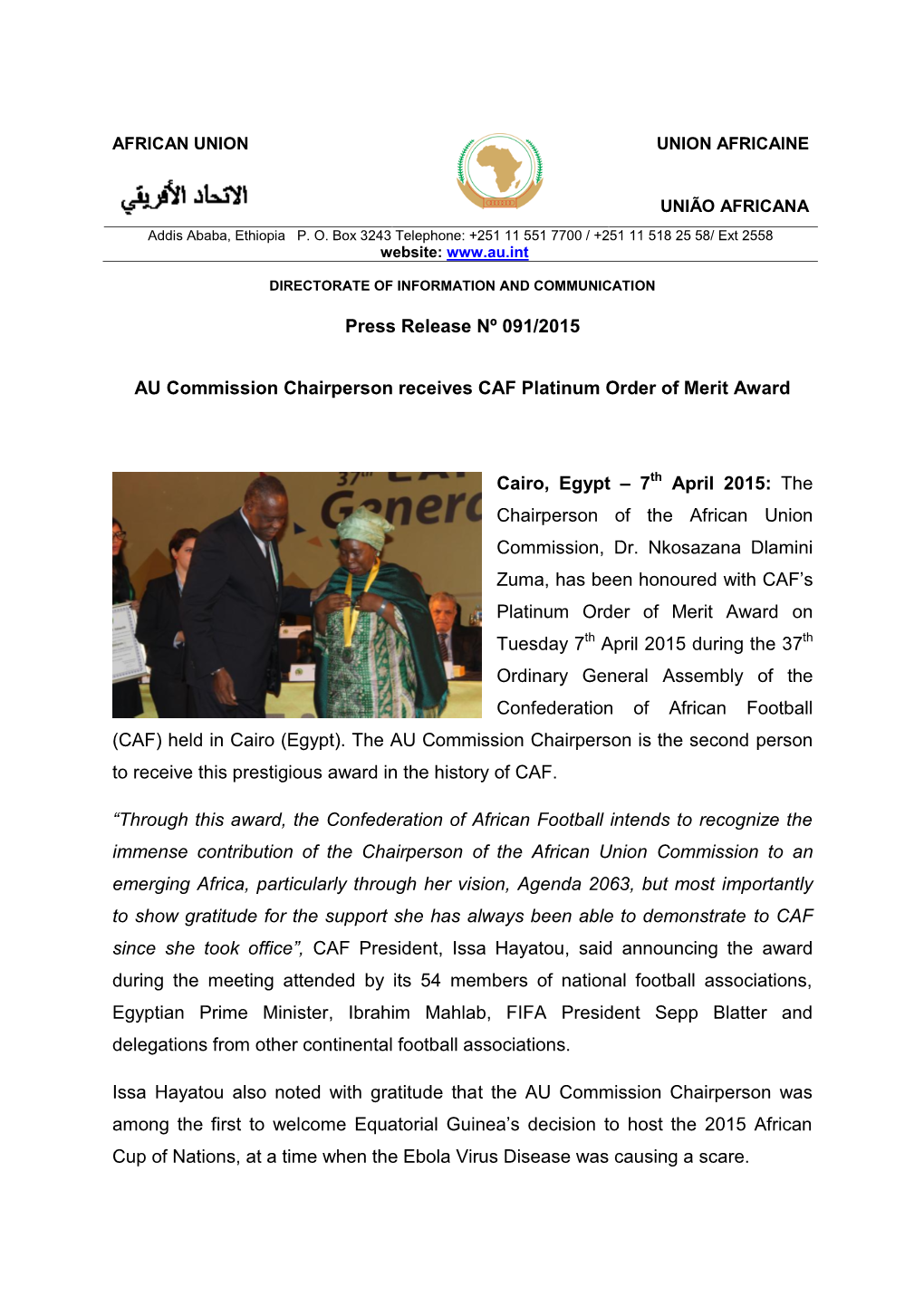 Press Release Nº 091/2015 AU Commission