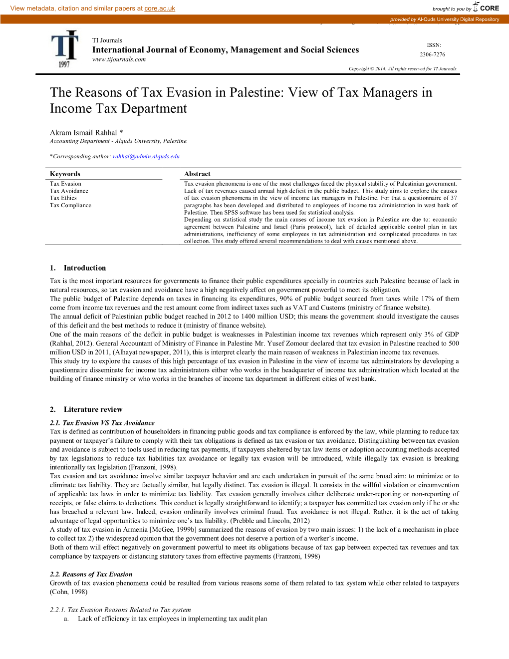 The Reasons of Tax Evasion in Palestine: View of Tax Managers in Income Tax Department