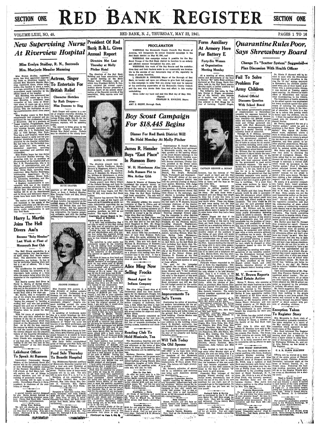 SECTION ONE SECTION ONE New Supervising Nurse Atriverview Hospital Boy Scout Campaign for $18445 Begins Quarantine Rules Poor