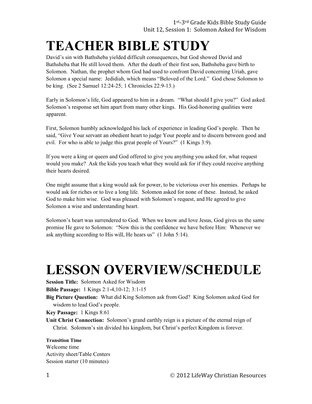 Teacher Bible Study Lesson Overview/Schedule