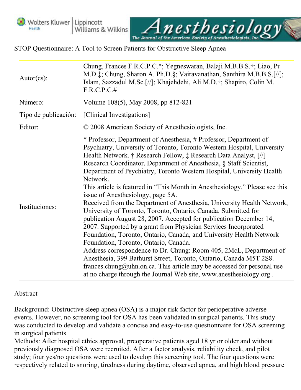 STOP Questionnaire: a Tool to Screen Patients for Obstructive Sleep Apnea