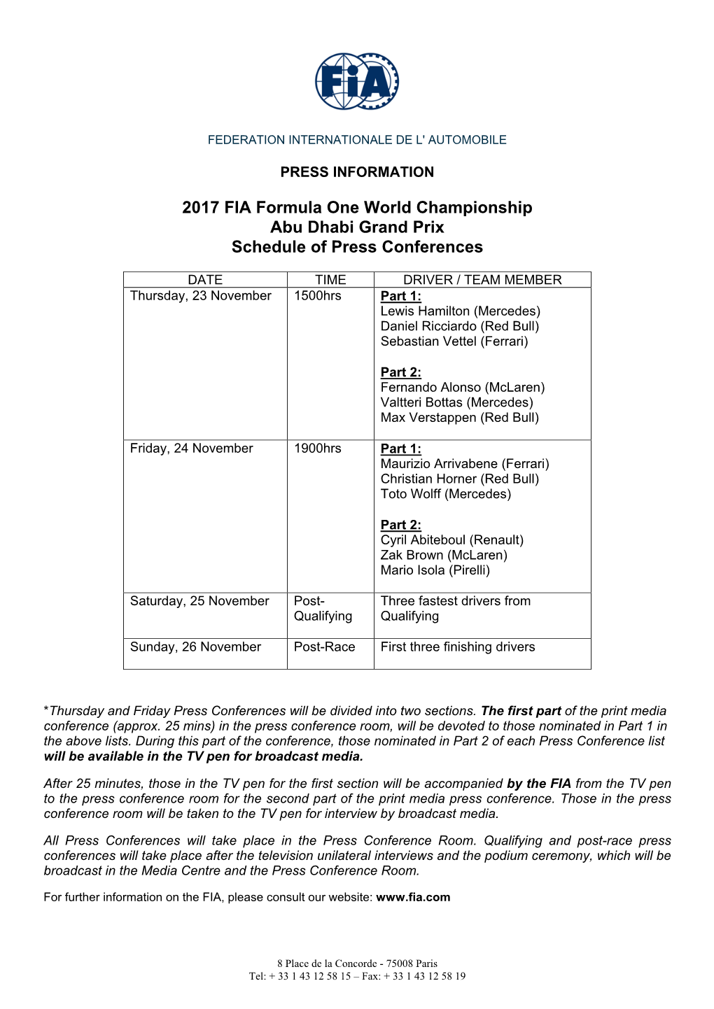 2017 FIA Formula One World Championship Abu Dhabi Grand Prix Schedule of Press Conferences