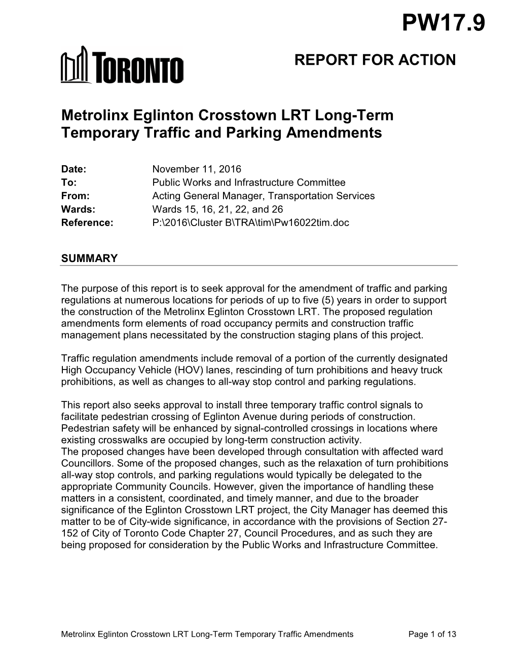 Metrolinx Eglinton Crosstown LRT Long-Term Temporary Traffic and Parking Amendments