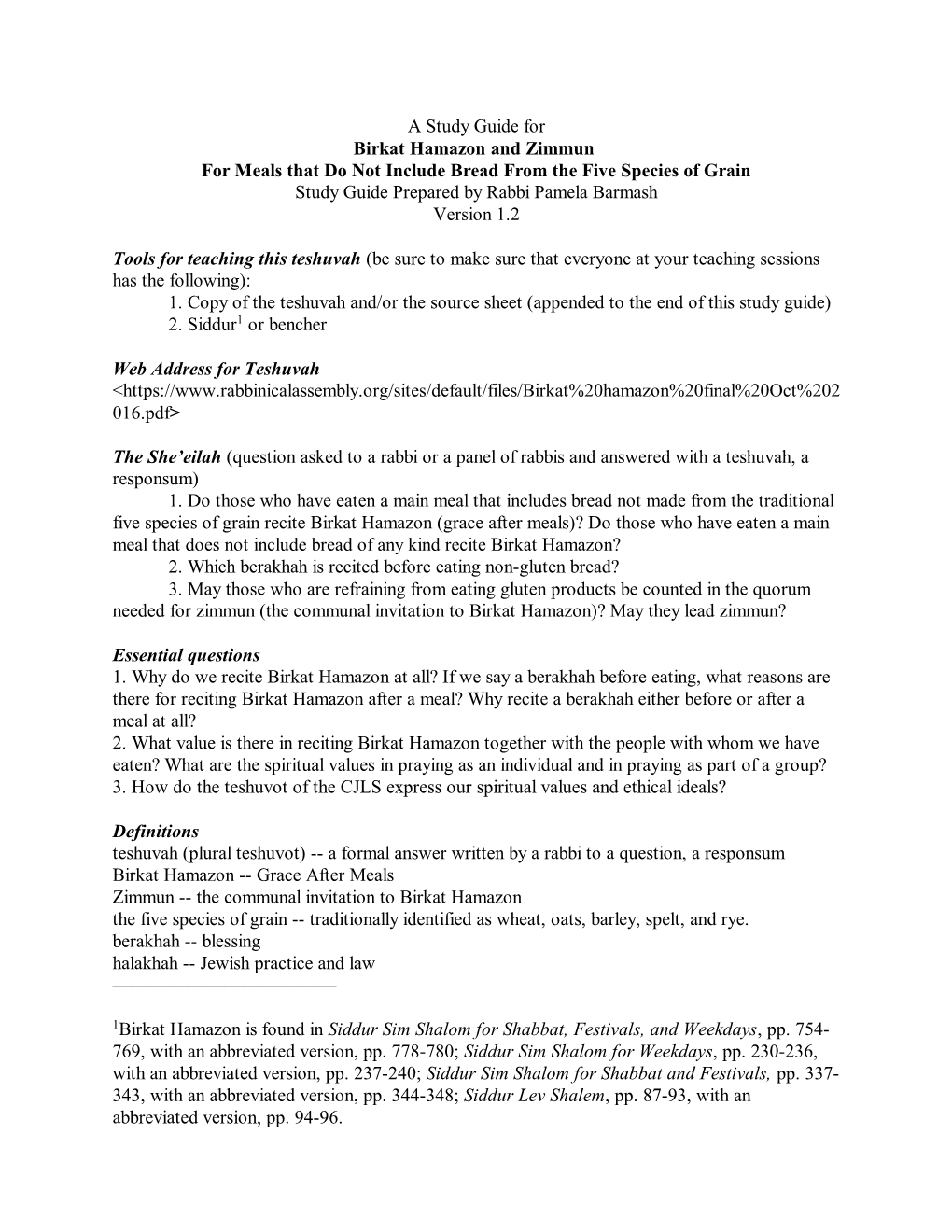 Study Guide for Birkat Hamazon and Zimmun for Meals That Do Not Include Bread from the Five Species of Grain Study Guide Prepared by Rabbi Pamela Barmash Version 1.2