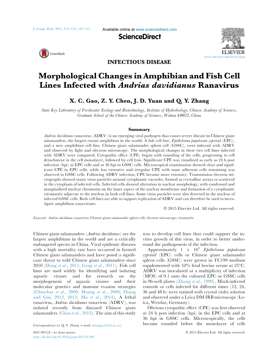 Morphological Changes in Amphibian and Fish Cell Lines Infected with Andrias Davidianus Ranavirus