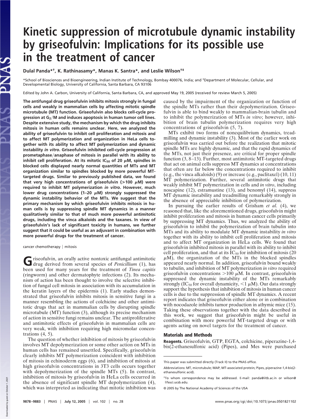 Kinetic Suppression of Microtubule Dynamic Instability by Griseofulvin: Implications for Its Possible Use in the Treatment of Cancer