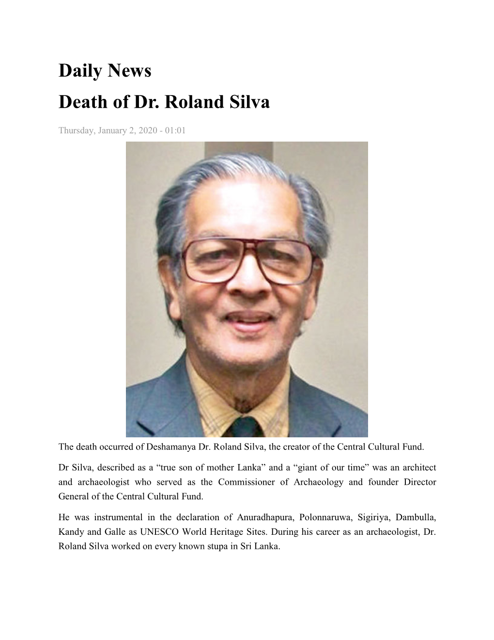Daily News Death of Dr. Roland Silva