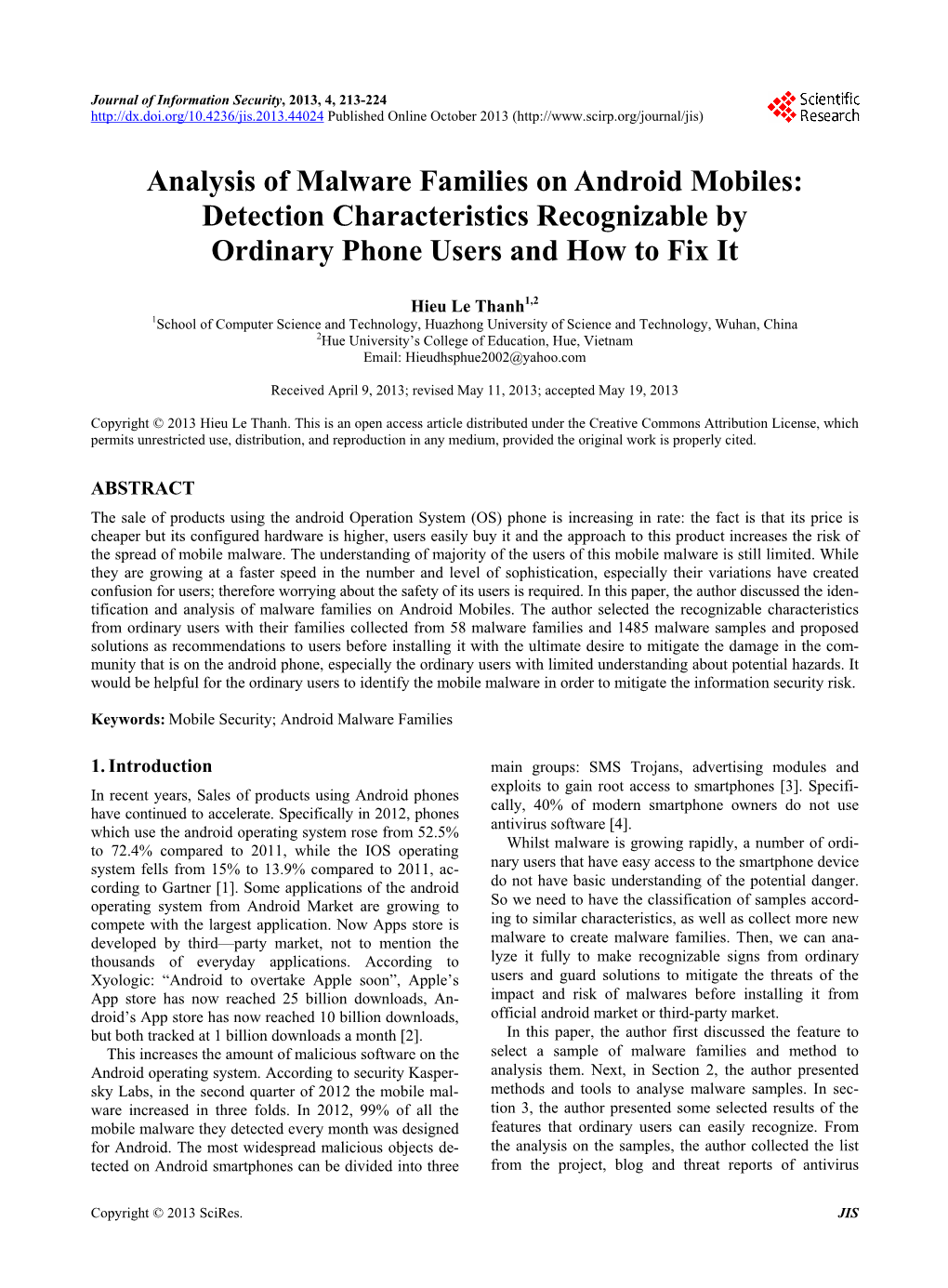 Analysis of Malware Families on Android Mobiles: Detection Characteristics Recognizable by Ordinary Phone Users and How to Fix It