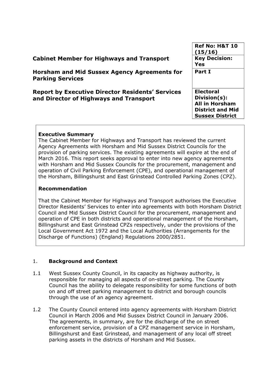 Horsham and Mid Sussex Agency Agreements for Part I Parking Services