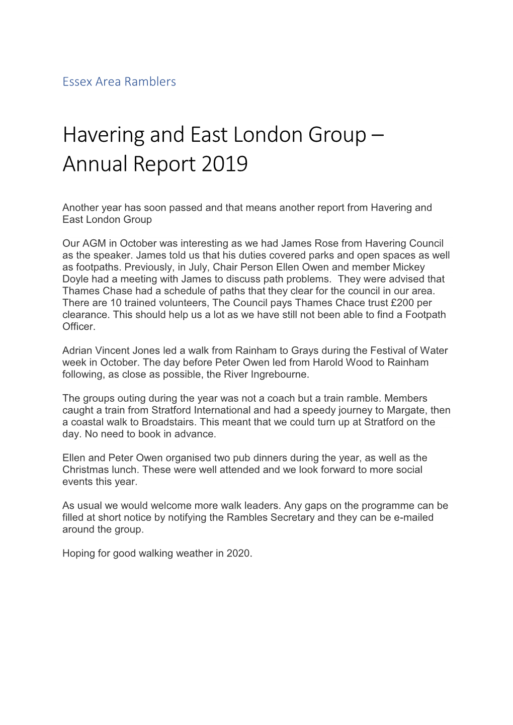 Havering and East London Group – Annual Report 2019