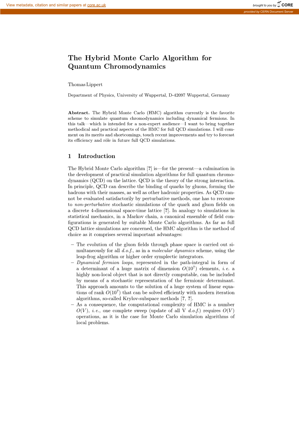 The Hybrid Monte Carlo Algorithm for Quantum Chromodynamics