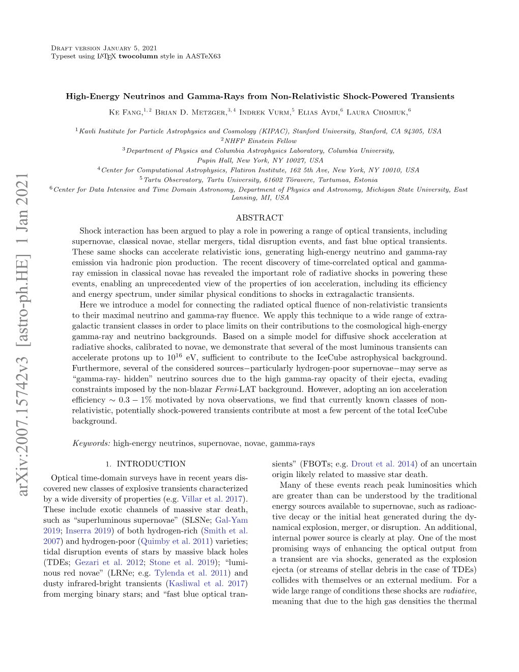 Arxiv:2007.15742V3 [Astro-Ph.HE] 1 Jan 2021 by a Wide Diversity of Properties (E.G