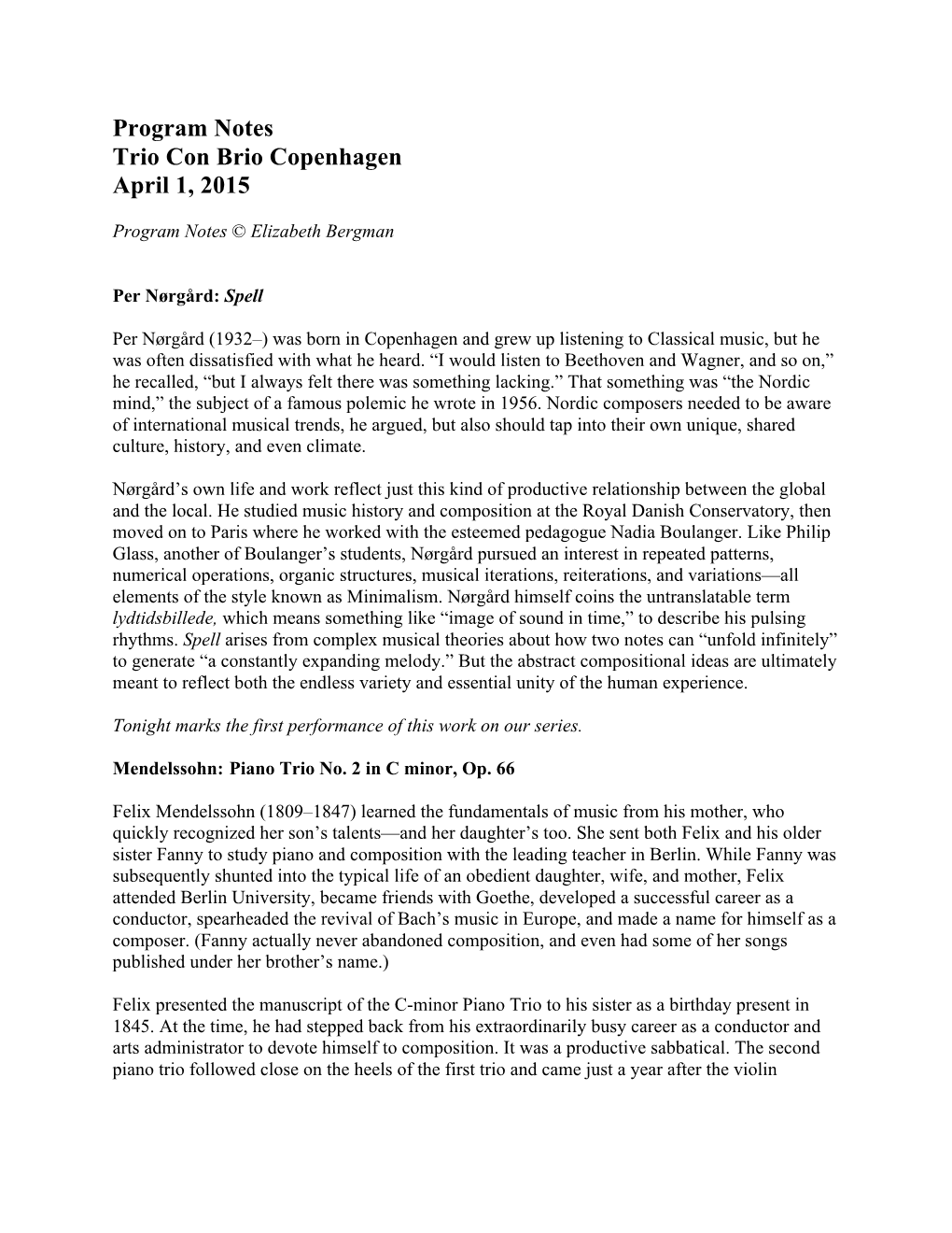 Program Notes Trio Con Brio Copenhagen April 1, 2015