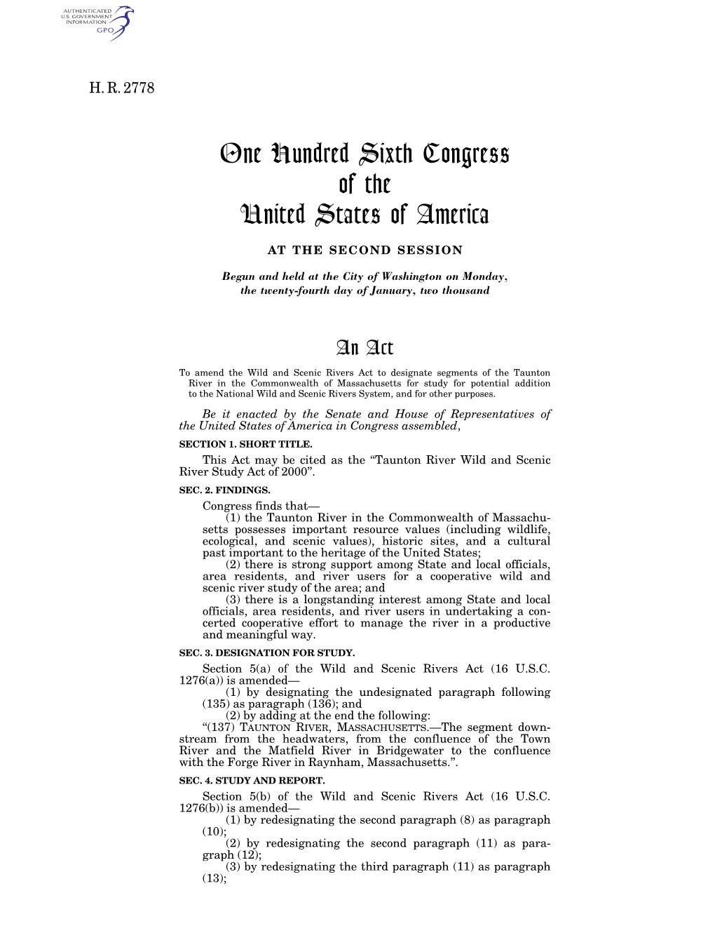 One Hundred Sixth Congress of the United States of America