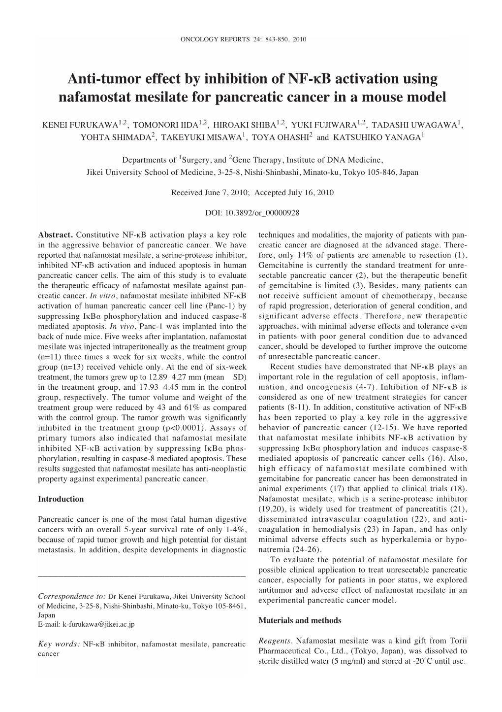 Anti-Tumor Effect by Inhibition of NF-Κb Activation Using Nafamostat Mesilate for Pancreatic Cancer in a Mouse Model