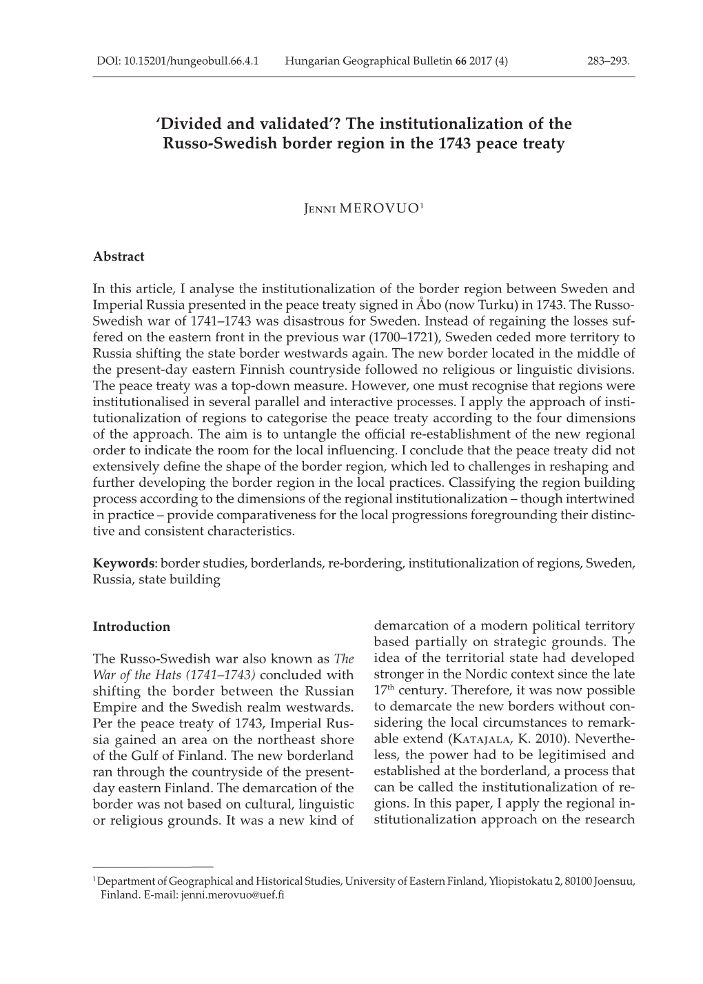 The Institutionalization of the Russo-Swedish Border Region in the 1743 Peace Treaty