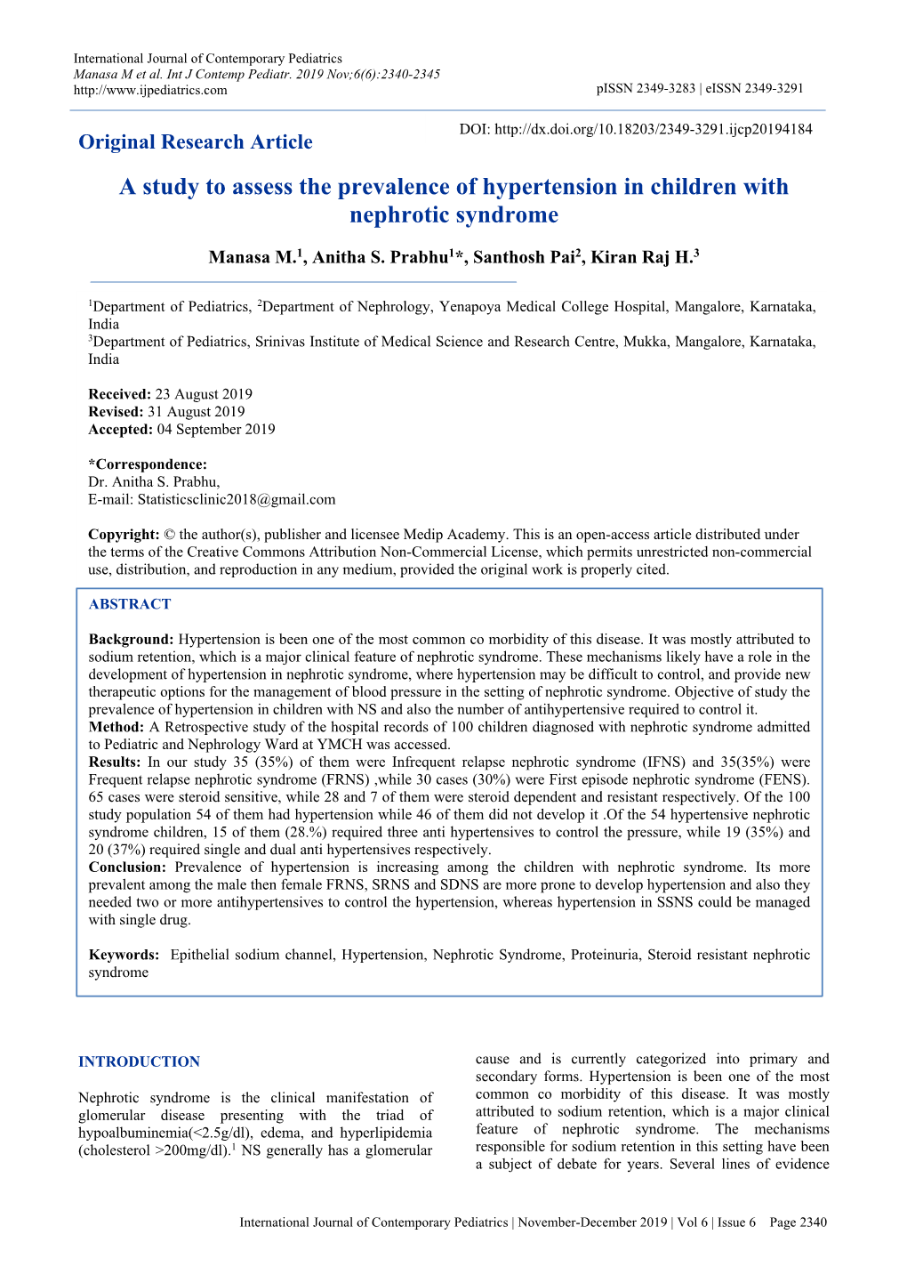 A Study to Assess the Prevalence of Hypertension in Children with Nephrotic Syndrome