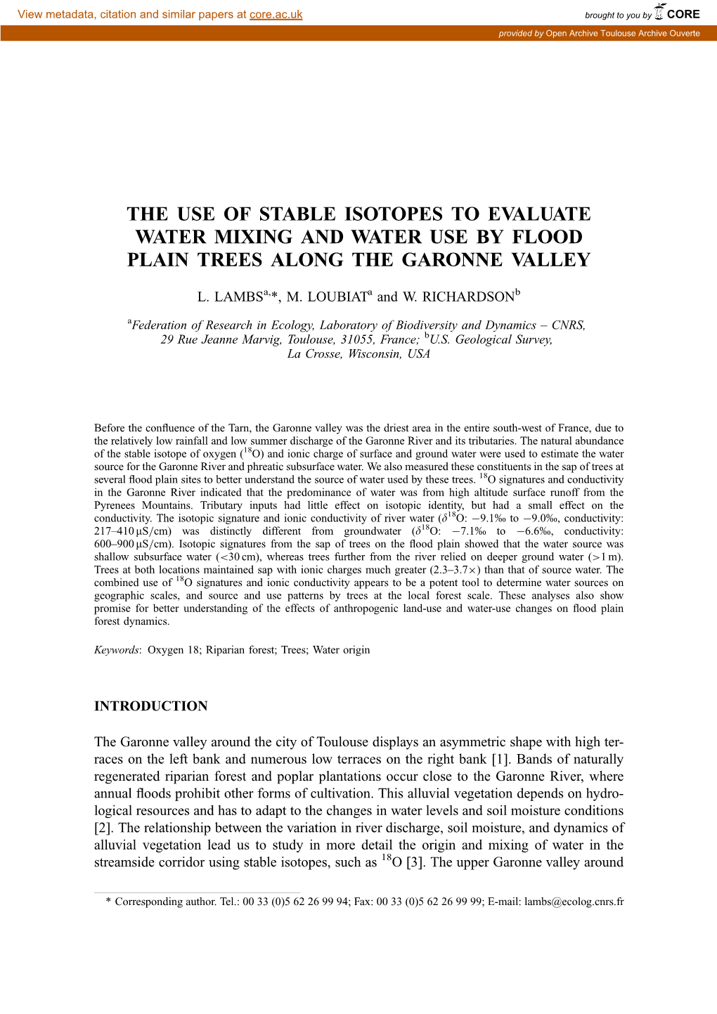 The Use of Stable Isotopes to Evaluate Water Mixing and Water Use by Flood Plain Trees Along the Garonne Valley