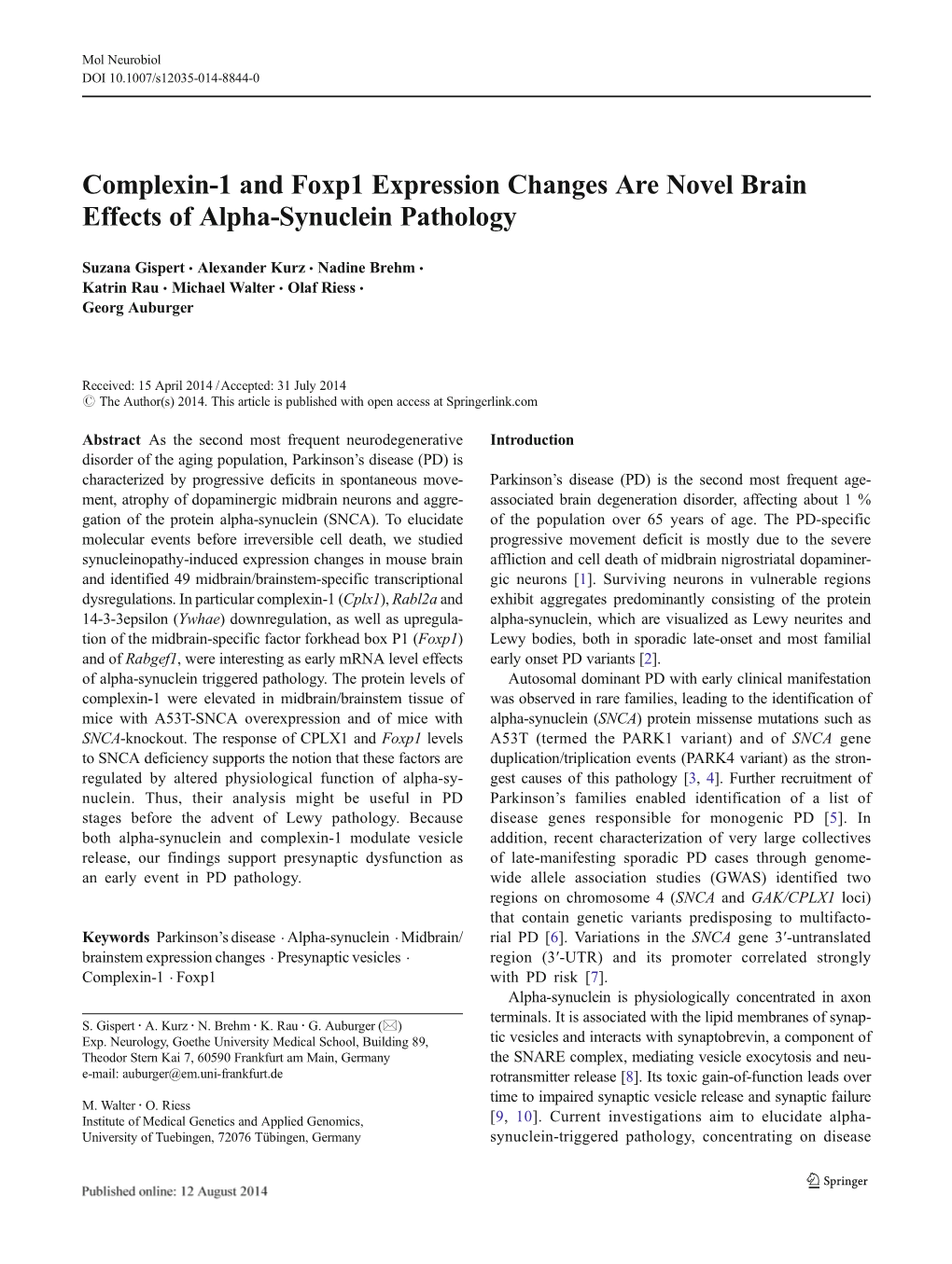 Complexin-1 and Foxp1 Expression Changes Are Novel Brain Effects of Alpha-Synuclein Pathology