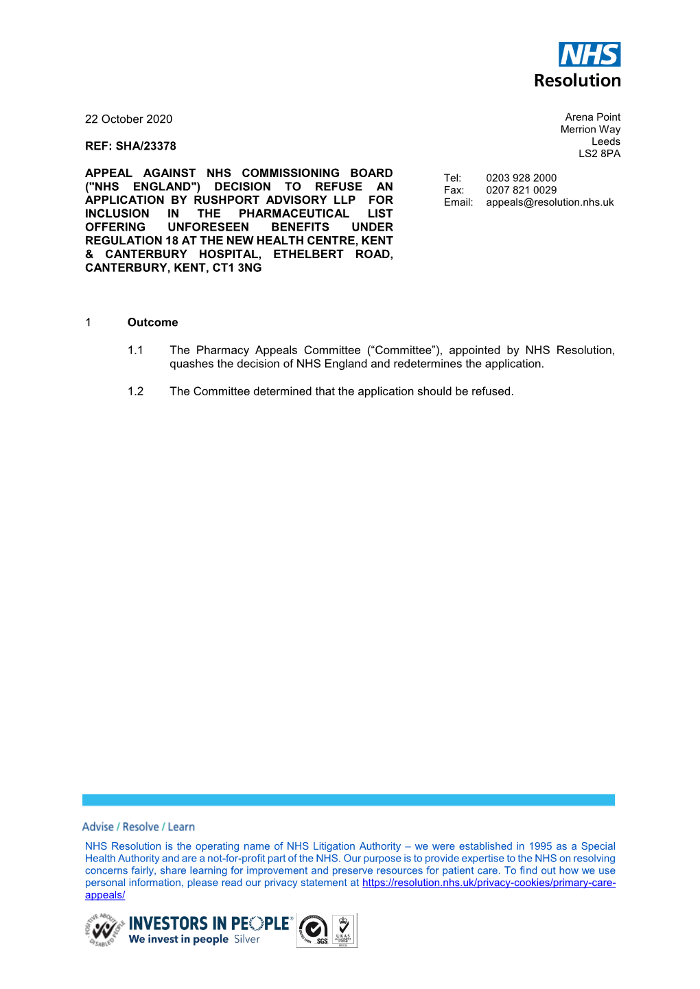 22 October 2020 REF: SHA/23378 APPEAL AGAINST NHS