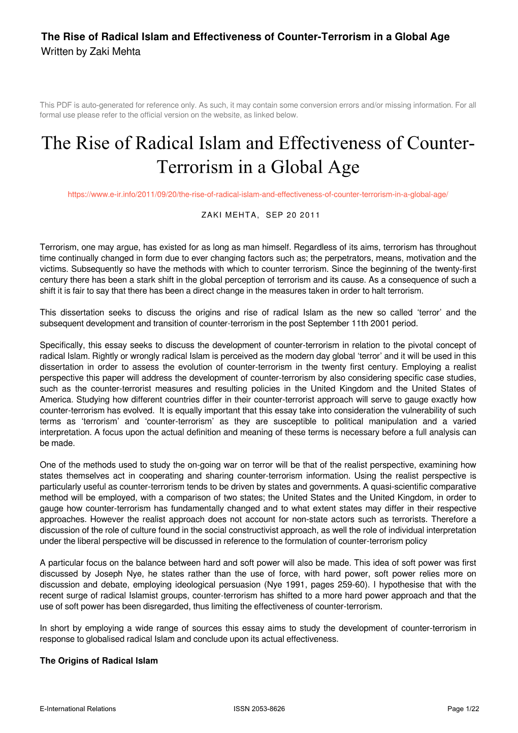 The Rise of Radical Islam and Effectiveness of Counter-Terrorism in a Global Age Written by Zaki Mehta