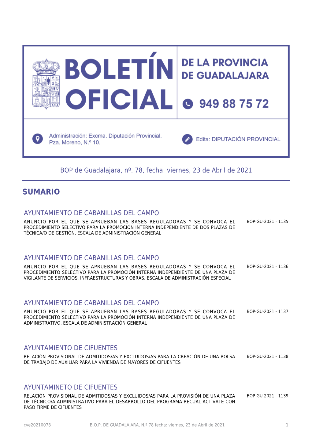 BOP De Guadalajara, Nº. 78, Fecha: Viernes, 23 De Abril De 2021