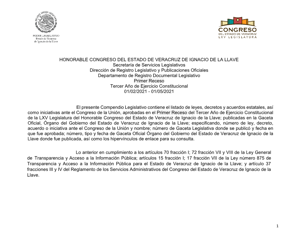 HONORABLE CONGRESO DEL ESTADO DE VERACRUZ DE IGNACIO DE LA LLAVE Secretaría De Servicios Legislativos Dirección De Registro Le